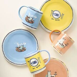 Lot/2 New Anthropologie graphic mugs - yellow and blue